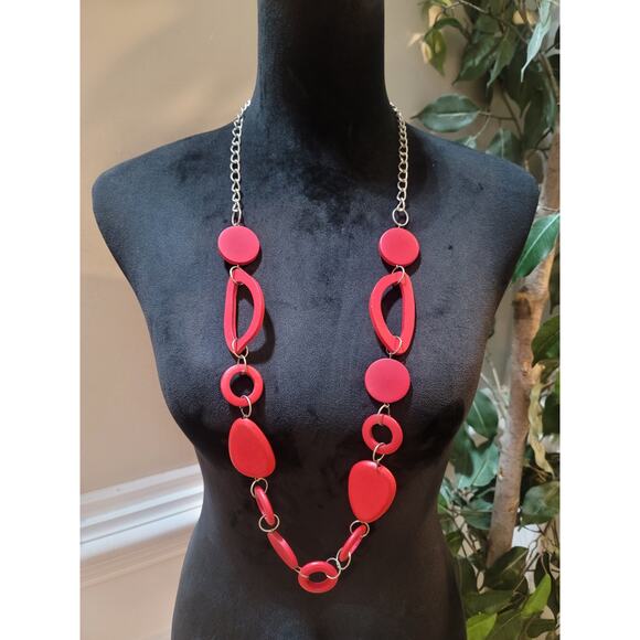 Women's Red Statement Necklace With Geometric Beads And Lobster Clasp Lock - Picture 1 of 5